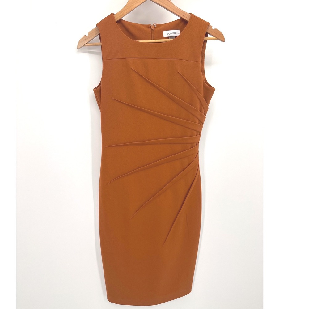 Calvin Klein Sheath Midi Dress Women's 4 Orange Rust Sunburst Pleated Sleeveless - Picture 2 of 9